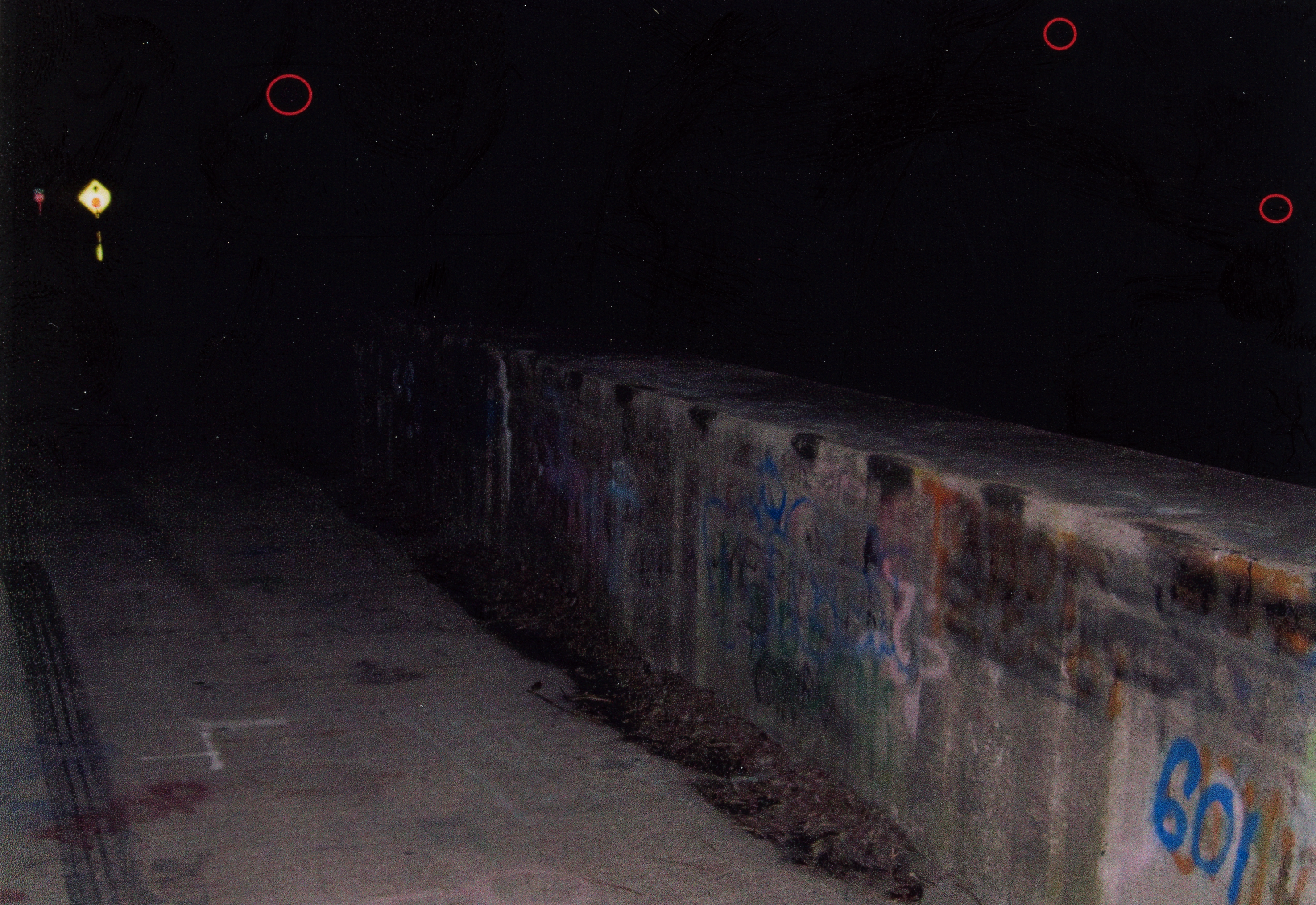 photo of Gibbs Bridge with graffiti; 'orbs' marked on image.